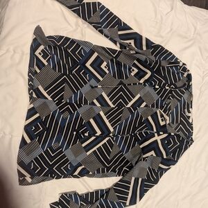 Rose & Olive Geometric Print Long-Sleeve Blouse in Navy and White